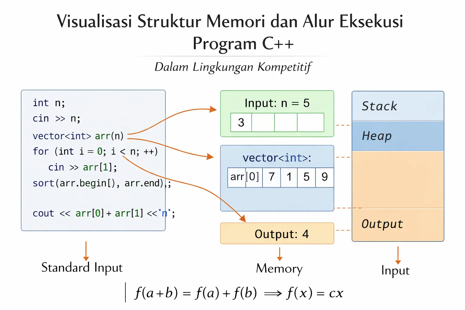 Visualisasi struktur memori dan alur eksekusi program C++ dalam lingkungan kompetitif.