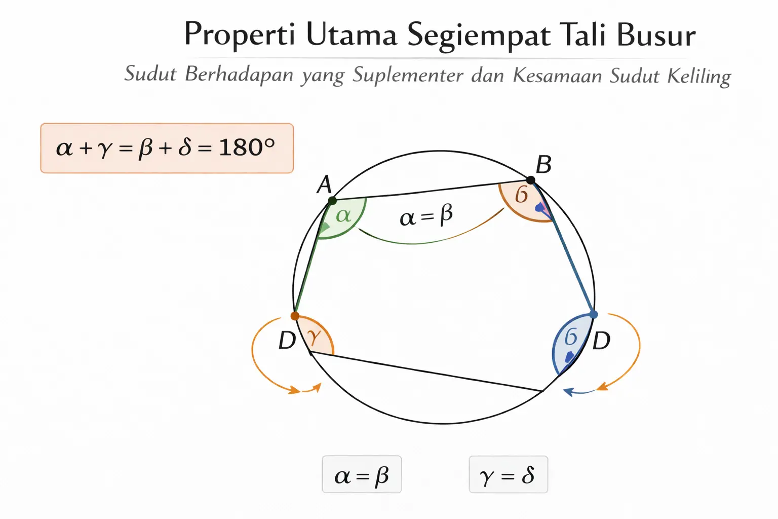 Properti utama segiempat tali busur: Sudut berhadapan yang suplementer dan kesamaan sudut keliling.